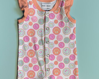 Pink Smilies Ruffle Sleeve Shortie Romper, Smiley Face Romper, Pink Smiley Faces, Baby Girl Smiley Face Romper, Baby Girl Rompers, Summer