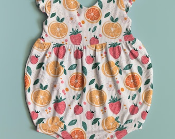 Summer Fruit Flutter Sleeve Bubble Romper, Baby Girl Summer Outfits, Baby Girl Rompers, Fruit Themed Outfits, Citrus Theme, Baby Girl Summer