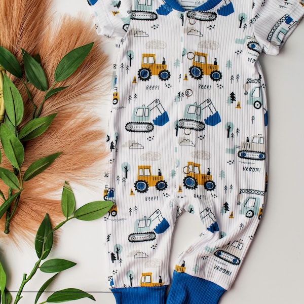 Construction Romper, Construction Themed Outfit, Boys Rompers, Boys Outfits, Baby Boy Outfits, Construction Vehicles, Diggers, Backhoe
