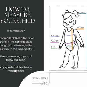 May include: Illustration showing how to measure a child for clothing. The image includes a diagram of a child with labeled measurement points: height, trunk, chest, waist, and hip. Text explains why measuring is important for handmade clothes and encourages the use of a measuring tape.