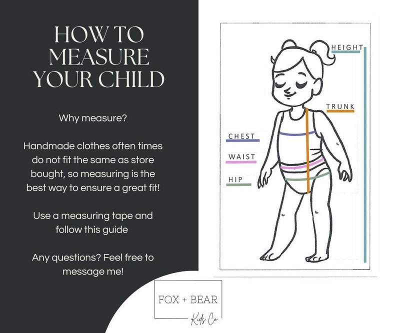 May include: Illustration showing how to measure a child for clothing. The image includes a diagram of a child with labeled measurement points: height, trunk, chest, waist, and hip. Text explains why measuring is important for handmade clothes and encourages the use of a measuring tape.