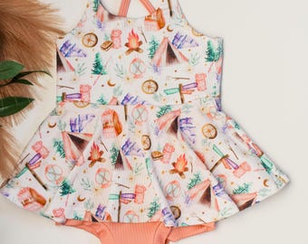 Girly Camping Skirted Bodysuit, Girls Camping Outfit, Baby Girl Camping outfit, Matching Sister Outfits, Coordinating Sister Sets, Outdoors