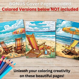 Pu&ograve; includere: Tre pagine da colorare che rappresentano scene di spiaggia con sedie a sdraio, ombrelloni e onde dell'oceano. Le pagine sono in bianco e nero e sono pronte per essere colorate.