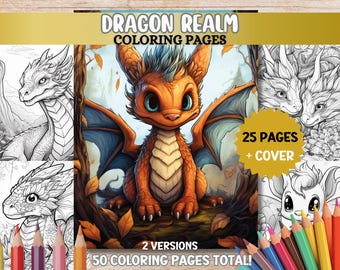 Cute Dragons Coloring Pages Kawaii Dragon Coloring Pages Mythical Adult Coloring Book PDF Printable Digital Download Relaxing Art Coloring