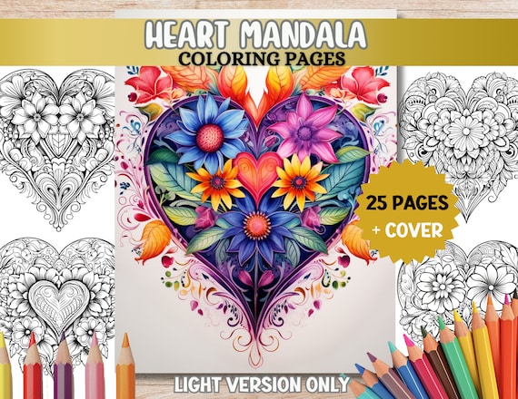 Heart Mandala Coloring Pages Happy Valentines Coloring Pages Adult Coloring Book PDF Printable Love Coloring Digital Download Relaxing Book