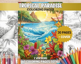 Pagine da colorare Paradiso tropicale Pagine da colorare Spiaggia tropicale Libro da colorare per adulti PDF Stampabile Download digitale Arte rilassante da colorare