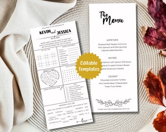 Minimalist Wedding Games and Wedding Menu Templates for Guests Activity Editable Wedding Reception Game Activity Printable DIY Wedding Decor