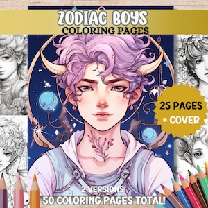 Zodiac Boys Coloring Pages Cute Zodiac Coloring Pages Adult Coloring Book PDF Printable Digital Download Grayscale Coloring Relaxing Book