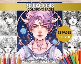 Disegni da colorare dei ragazzi dello zodiaco, pagine da colorare carine dello zodiaco, libro da colorare per adulti in formato PDF, stampabile, download digitale, libro da colorare in scala di grigi rilassante
