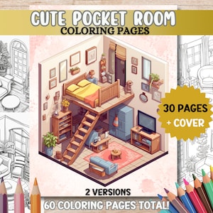 Pocket Room Coloring Pages Isometric Interior Cute Coloring Pages Adult Coloring Book PDF Printable Instant Download Grayscale Relaxing Book