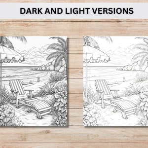 Pu&ograve; includere: Un disegno in bianco e nero di una scena di spiaggia con una sedia a sdraio, palme e un ombrello. La scena &egrave; disegnata in uno stile realistico.