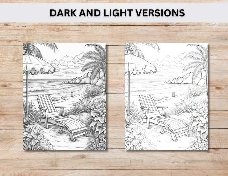 Pu&ograve; includere: Un disegno in bianco e nero di una scena di spiaggia con una sedia a sdraio, palme e un ombrello. La scena &egrave; disegnata in uno stile realistico.