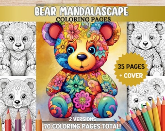 May include: A coloring book featuring 35 pages of intricate bear mandalas, plus a cover page. The book includes two versions of each design, totaling 70 coloring pages. The cover features a colorful bear mandala with flowers and swirls.