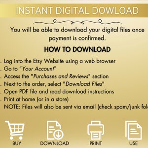Pu&ograve; includere: Una grafica con istruzioni su come scaricare i file digitali acquistati su Etsy. La grafica include icone per l'acquisto, il download, la stampa e l'utilizzo dei file. Il testo recita "INSTANT DIGITAL DOWNLOAD", "Potrai scaricare i tuoi file digitali una volta che il pagamento sar&agrave; confermato." e "COME SCARICARE".