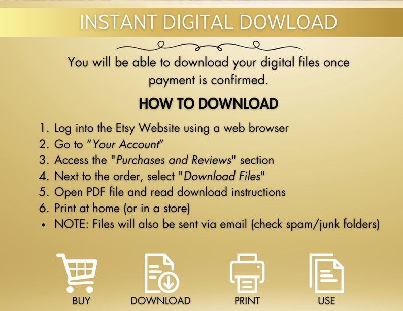 Pu&ograve; includere: Una grafica con istruzioni su come scaricare i file digitali acquistati su Etsy. La grafica include icone per l'acquisto, il download, la stampa e l'utilizzo dei file. Il testo recita "INSTANT DIGITAL DOWNLOAD", "Potrai scaricare i tuoi file digitali una volta che il pagamento sar&agrave; confermato." e "COME SCARICARE".