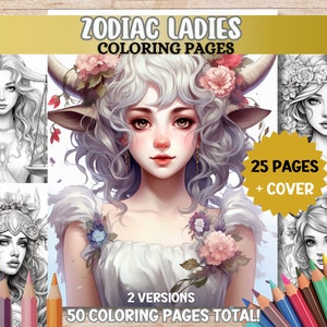 Zodiac Ladies Coloring Pages Zodiac Women Girls Coloring Pages Adult Coloring Book PDF Printable Digital Download Grayscale Relaxing Book