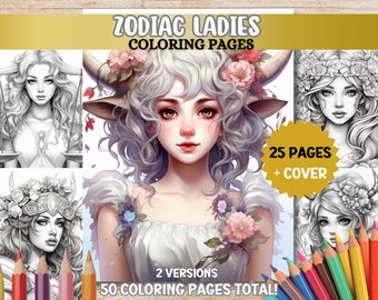 Pagine da colorare con le donne dello zodiaco, pagine da colorare con le donne dello zodiaco, libro da colorare per adulti in formato PDF, stampabile, download digitale, libro rilassante in scala di grigi