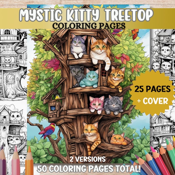 Fantasy Cat House Coloring Pages Cat Tree House Coloring Pages Adult Coloring Book PDF Printable Digital Download Grayscale Relaxing Book