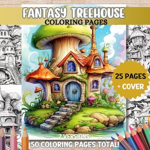 Spring Fairy House Coloring Pages Fantasy Treehouse Printable Adult Coloring Book PDF Digital Download Grayscale Coloring Relaxing Activity