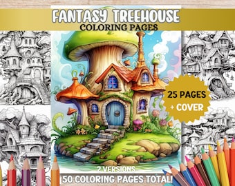 Spring Fairy House Coloring Pages Fantasy Treehouse Printable Adult Coloring Book PDF Digital Download Grayscale Coloring Relaxing Activity