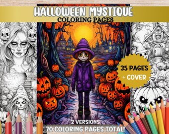 Scary Halloween Coloring Pages Horror Witch Coloring Pages Grayscale Creepy Pumpkin Coloring Printable Adult Coloring Book PDF DigiDownload