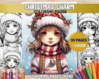 May include: A coloring book featuring a girl with long brown hair wearing a red and white striped scarf and a red and white Santa hat. The book has 30 pages plus a cover and includes two versions of each image for a total of 60 coloring pages.