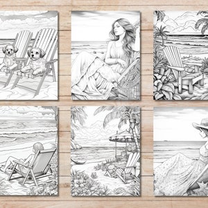 Pu&ograve; includere: Sei illustrazioni in bianco e nero di scene di spiaggia. Ogni illustrazione presenta una persona o un animale che si rilassa su una sedia da spiaggia. Le illustrazioni sono perfette per colorare.