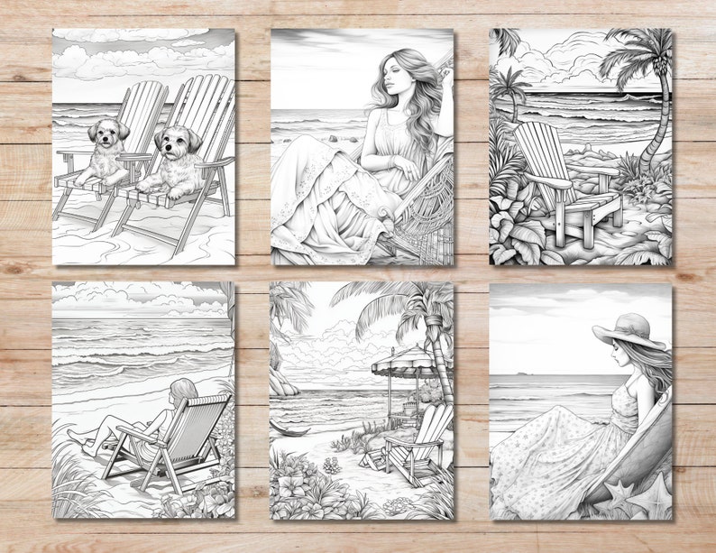 Pu&ograve; includere: Sei illustrazioni in bianco e nero di scene di spiaggia. Ogni illustrazione presenta una persona o un animale che si rilassa su una sedia da spiaggia. Le illustrazioni sono perfette per colorare.