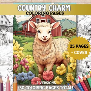 Farmhouse Coloring Pages Ranch Style Houses Cute Animals Farm Country Relaxing Adult Coloring Book PDF Printable Instant Download Grayscale