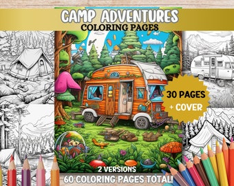 Pagine da colorare per campeggio estivo, pagina da colorare per attività di campeggio, libro da colorare per adulti in formato PDF, stampabile, download digitale, pagine da colorare artistiche rilassanti
