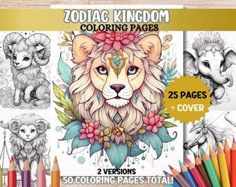 Pagine da colorare degli animali dello zodiaco Pagine da colorare carine dello zodiaco Libro da colorare per adulti PDF stampabile Download digitale Libro da colorare in scala di grigi Libro rilassante