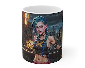 Tazza Arcane Jinx e Piltover - Personaggi LoL Miracle Girl con città - Tazza regalo da gioco / Tazza in ceramica 11 once