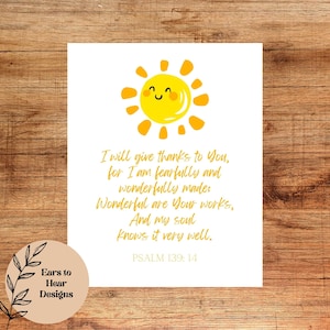 Psalm 139:14, Fearfully and Wonderfully Made, Christian Nursery Wall Art, Kid's Bible Verse Print, Watercolor Sun Decor, Baby Shower Gift