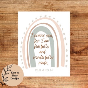 Psalm 139:14, Fearfully and Wonderfully Made, Christian Nursery Wall Art, Kid's Bible Verse Print, Rainbow Boho Decor, Baby Shower Gift