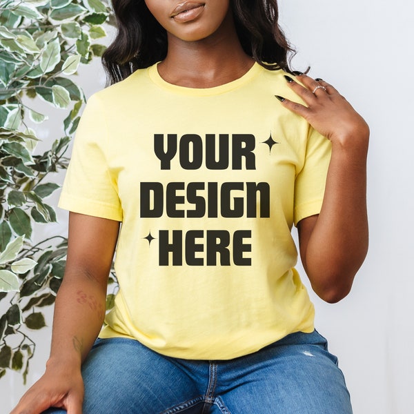 Bella Canvas 3001 Yellow Shirt Mockup | Black Women T-shirt Mockups | Black Model Mockups | Print on Demand Mockups | Yellow Tee Mockup
