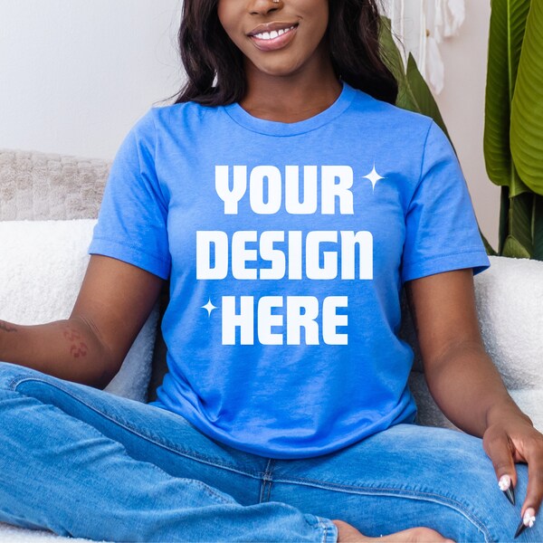 Bella Canvas 3001 Heather Columbia Blue Shirt Mockup | Black Women T-shirt Mockups | Summer Mockups | Black Model Mockups | POD Mockups