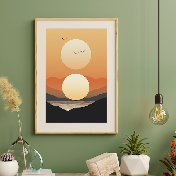 Minimalistic Sunset Illustration | Flat Graphic Art | Printable Wall Decor | Digital Download | Tranquil Horizon