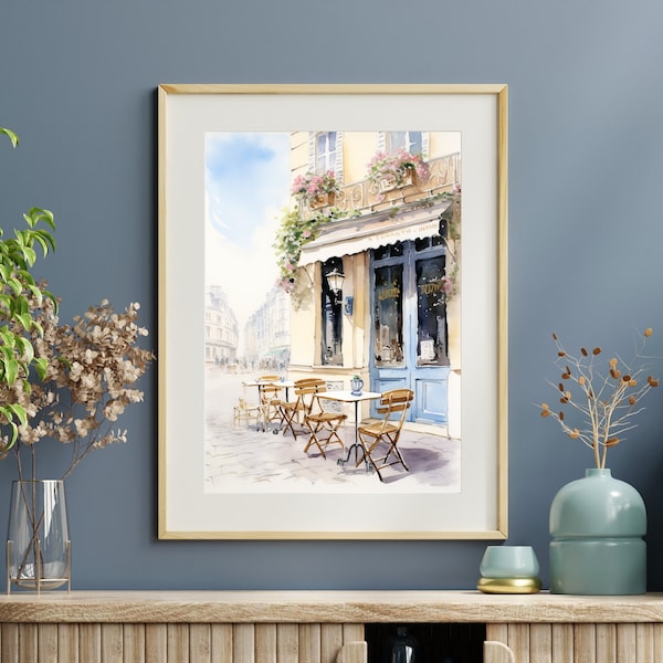 Watercolor Paris Cafe | Minimalistic Cityscape Art | Printable Wall Decor | Digital Download | Pastel Watercolor Poster