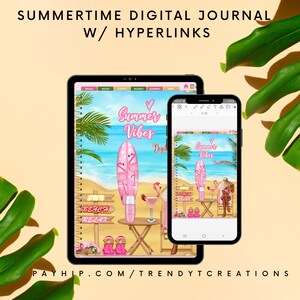 Puede incluir: Un diario digital con temática de verano. La portada presenta una tabla de surf rosa con flamencos, una escena de playa y el texto "Summer Vibes Digital Journal".