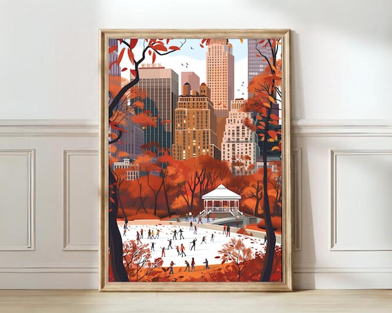 New York Illustration Central Park Print New York Ice Skating Print New York Winter Poster Nyc Gift Travel Gallery Nursery Print