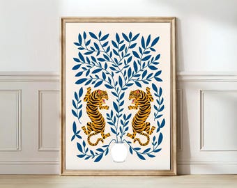 Lucky Tiger Print Tiger Wall Art Leopard Print Japanese Tiger Print Floral Tiger Art Japanese Wall Art Vintage Tiger Art Blue Wall Art