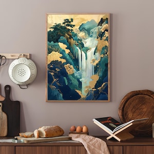 May include: A framed print of a waterfall cascading down a mountainside. The artwork features a blue and green color scheme with gold accents.
