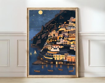 Op de afbeelding: Een digitale illustratie van een stadsbeeld 's nachts met een halve maan en sterren aan de hemel. De stad is gebouwd op een klif met gebouwen die verlicht zijn in warm geel licht. De scène is omlijst door een houten frame.