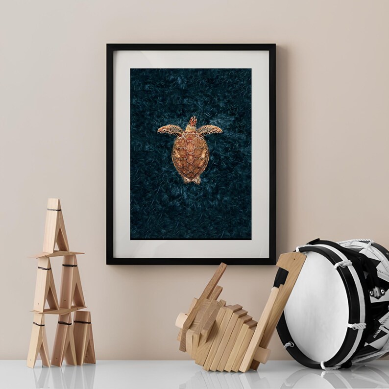 May include: A framed print of a sea turtle swimming in a dark blue ocean. The turtle is facing the camera with its shell facing up.