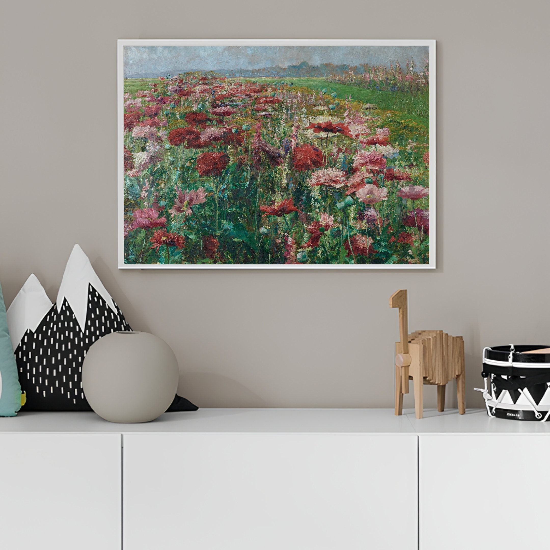 ヴィンテージの草原の絵画 ヴィンテージの風景画 赤い花畑の絵画