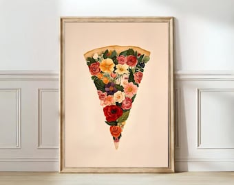 May include: A framed print of a pizza slice made of colourful flowers. The pizza slice is filled with red, pink, yellow, and white flowers. The background is a light pink colour.