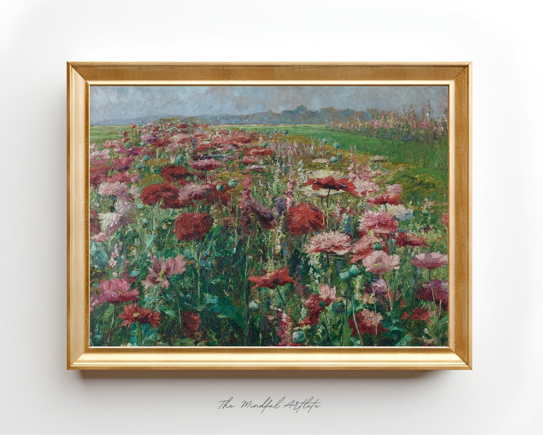 お花畑　絵画　アート　額縁　ヴィンテージ　レトロ　アンティーク　平成 ヴィンテージの草原の絵画 ヴィンテージの風景画 赤い花畑の絵画
