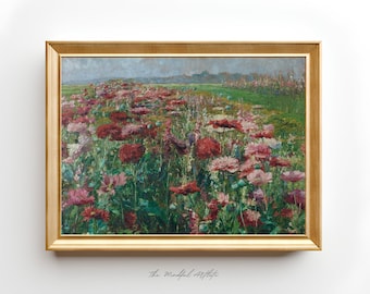 ヴィンテージの草原の絵画 ヴィンテージの風景画 赤い花畑の絵画