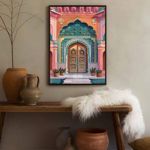 Peut inclure: Une illustration color&eacute;e d'une grande porte orn&eacute;e avec des d&eacute;tails complexes. La porte est encadr&eacute;e par une arche rose et verte avec un plafond &agrave; motifs turquoise et or. La porte est en bois et pr&eacute;sente un motif sculpt&eacute;.