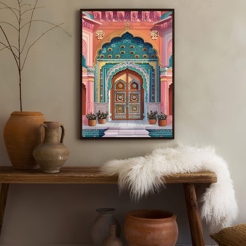 Peut inclure: Une illustration color&eacute;e d'une grande porte orn&eacute;e avec des d&eacute;tails complexes. La porte est encadr&eacute;e par une arche rose et verte avec un plafond &agrave; motifs turquoise et or. La porte est en bois et pr&eacute;sente un motif sculpt&eacute;.